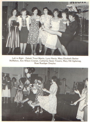 CHEERLEADERS
(top) Deleah TROUT Martin, Lynn HARRIS, Mary Elizabeth BARKER McMahon, Ann WILSON Cramer, Catherine SEARS Towers, Mary HILL Agdamag, Rose RUEDIGER Dreyfus