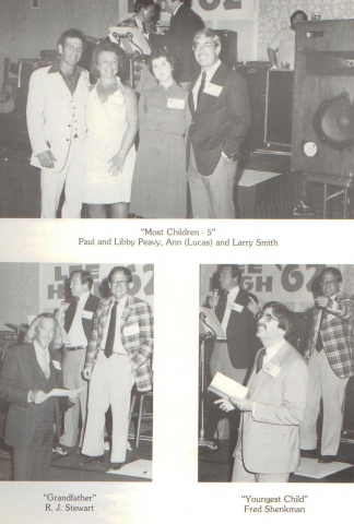 AWARDS
(top) Most Children-5 Paul & Libby PEAVY, Ann LUCAS and Larry Smith
(bottom, left) Grandfather R. J. STEWART
(bottom, right) Youngest Child Fred SHENKMAN