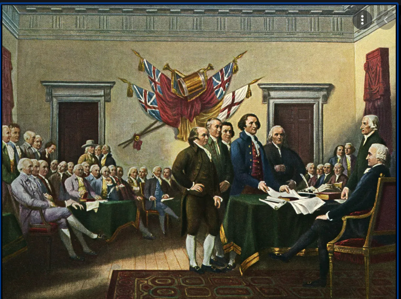 Thomas Jefferson, the principal author of the Declaration, is shown placing the document before John Hancock, president of the 
Congress. With him stand the other members of the committee that created the draft: John Adams, Roger Sherman, Robert Livingst