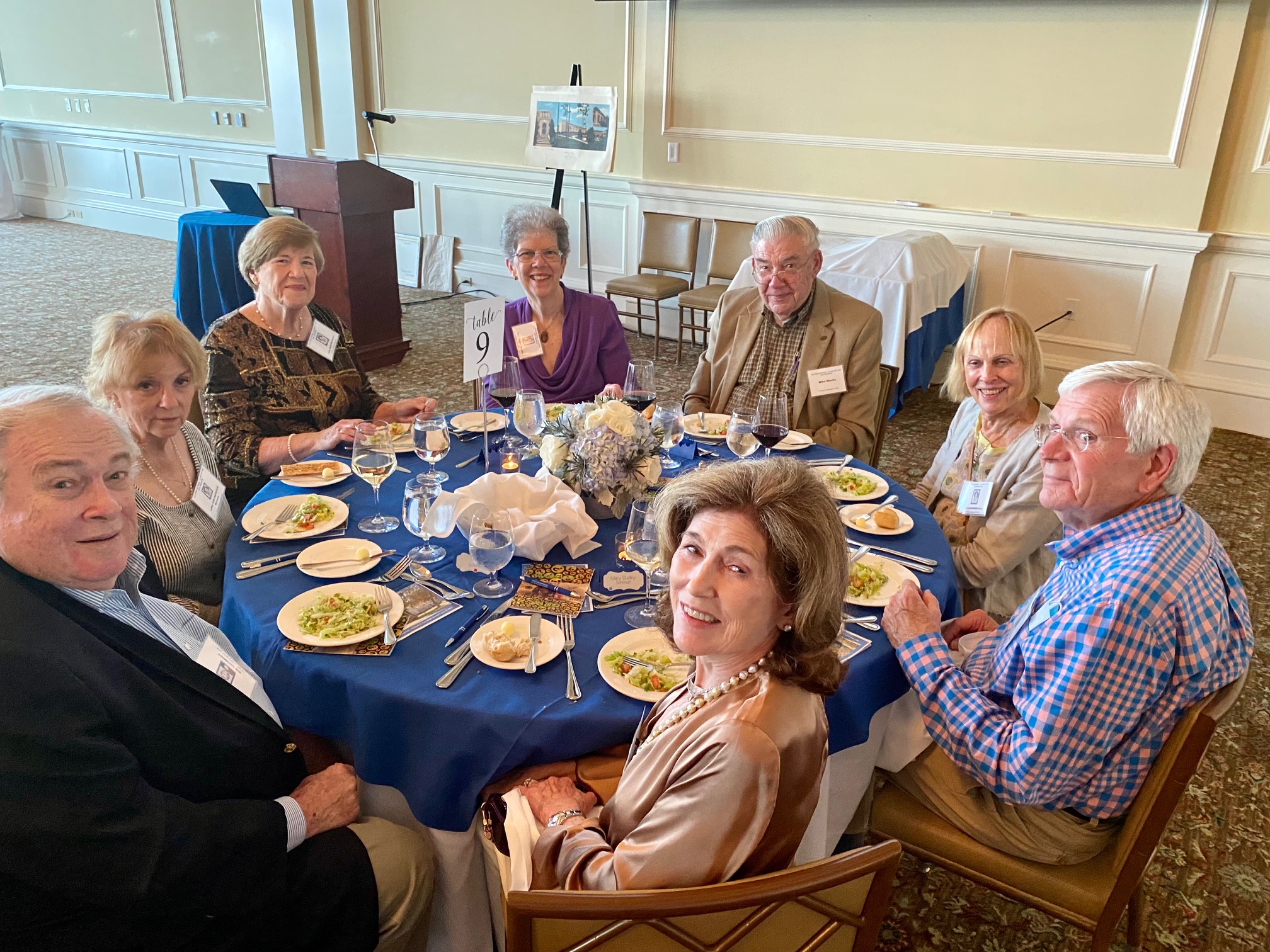 L-R: Mary Dudley Schmidt, Bill Schmidt, Libby Girlinghouse Bernard, Judy Martin Baker, Pat Roney Manko, Mike Manko, Pat Andrews Rung, Sandy Covington