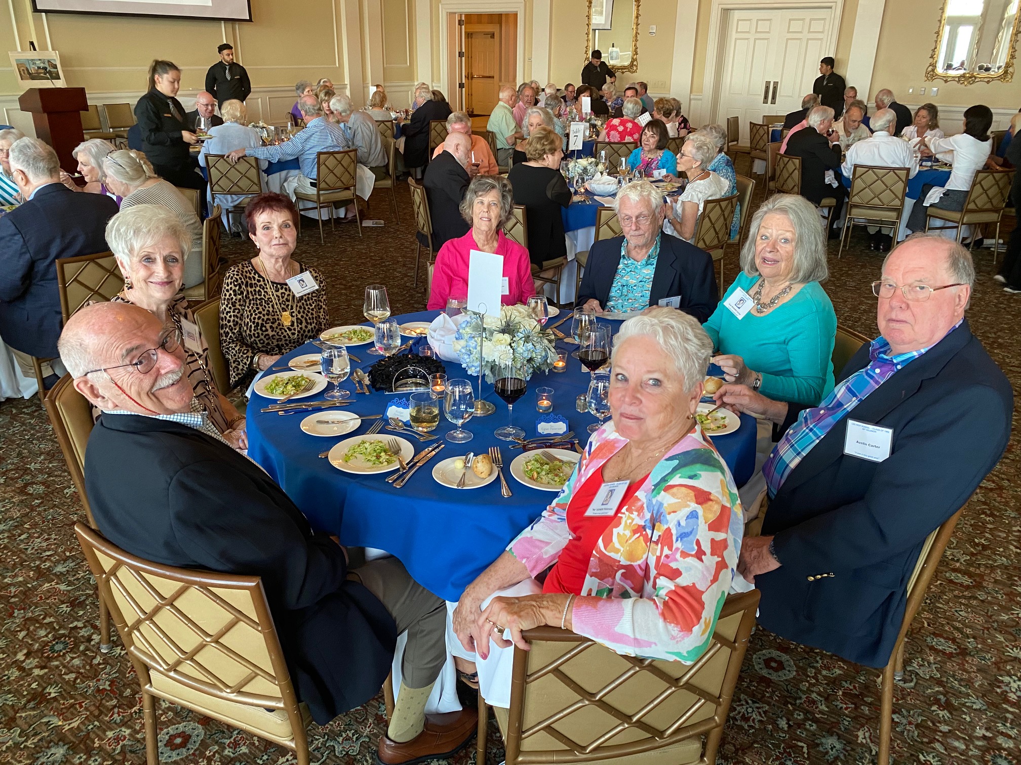 L-R: Su Egner Peterson, Rodger Peterson, Joan Harvey Woods, Dianne Davis Edenfield, Duncan Sawyer, Tom Sawyer, Gail Rogers Carter, Austin Carter